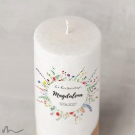 Konfirmationskerze Holzelement Docht Wiesenblumen Ø8 x 20 cm