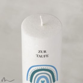 Taufkerze Holzelement Docht Regenbogen Blautöne Ø6 x 25 cm