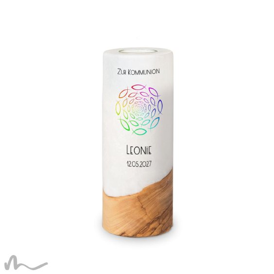 Kommunionkerze Holzelement Regenbogenfische Ø8 x 20 cm