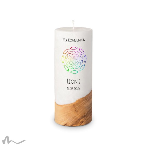 Kommunionkerze Holzelement Docht Regenbogenfische Ø8 x 20 cm