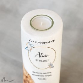 Konfirmationskerze Holzelement Schmetterling Ø8 x 20 cm