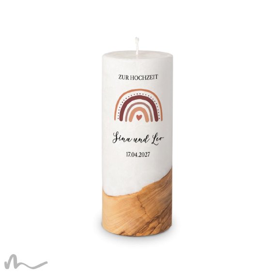 Hochzeitskerze Holzelement Docht Regenbogen Erdtöne Ø8 x 20 cm