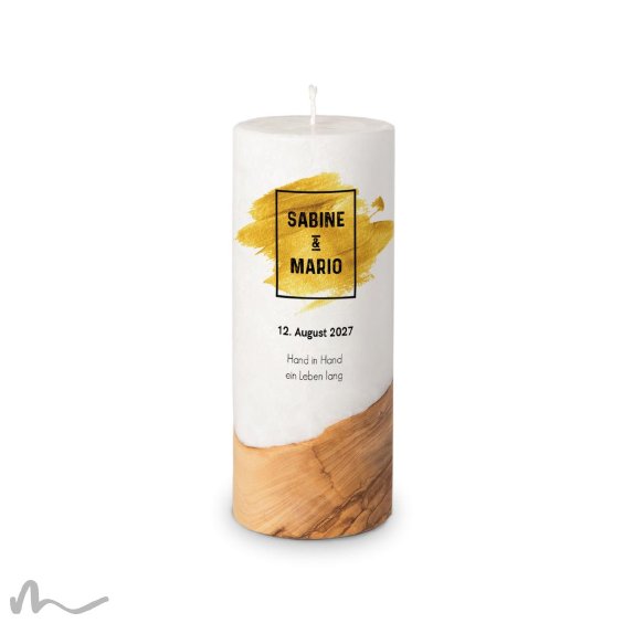 Hochzeitskerze Holzelement Docht Goldene Zeiten Ø8 x 20 cm