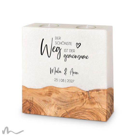 Hochzeitskerze breites Holzelement Gemeinsamer Weg 20 x 20 cm