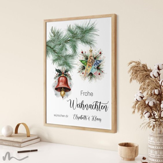 Geldgeschenk Poster Frohe Weihnachten Stern Glocke Rot