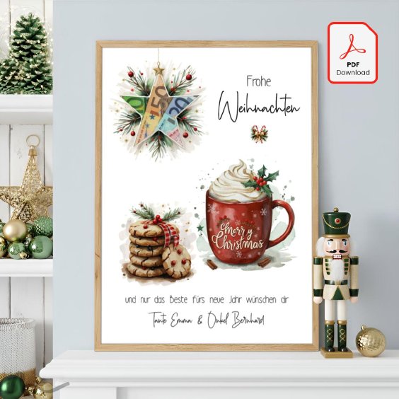 Geldgeschenk Poster Frohe Weihnachten Stern Tasse Kekse