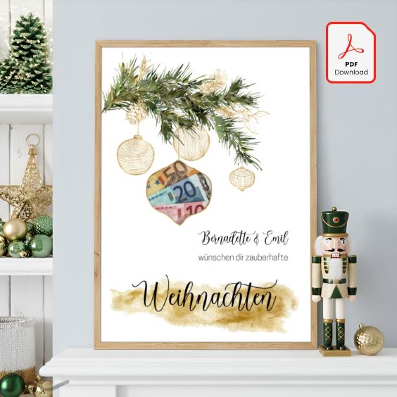 Geldgeschenk Poster Frohe Weihnachten Zweig Gold