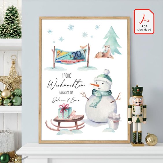 Geldgeschenk Poster Frohe Weihnachten Schneemann Fahne
