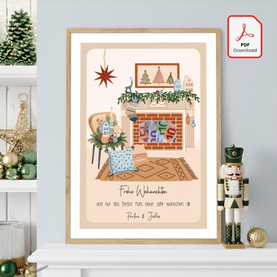 Geldgeschenk Poster Frohe Weihnachten Cozy Kamin