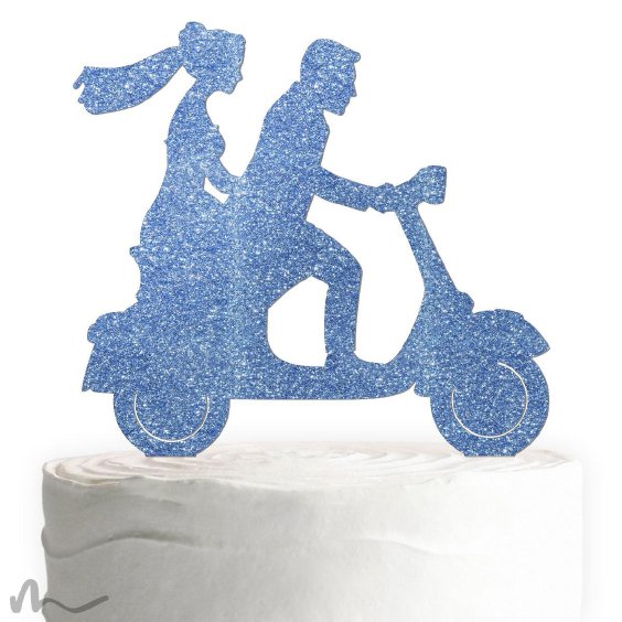 Cake Topper Vespa mit Brautpaar Blau Glitzer