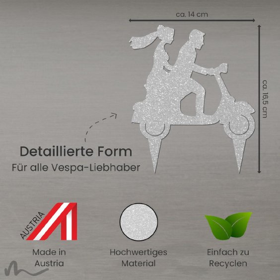 Cake Topper Vespa mit Brautpaar Silber Glitzer