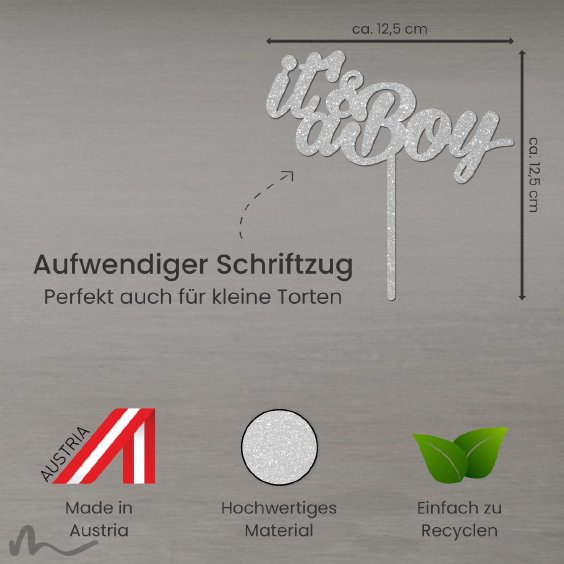 Cake Topper Its a Boy Silber Glitzer