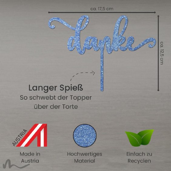 Cake Topper Danke Schriftzug Blau Glitzer