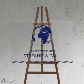 Willkommensschild Hochzeit Reisepass Globus