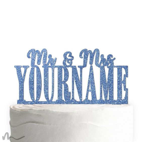 Cake Topper Mr und Mrs personalisiert Blau Glitzer