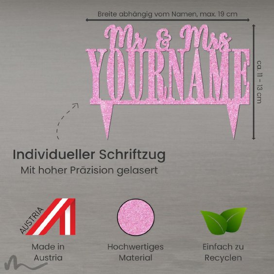 Cake Topper Mr und Mrs personalisiert Pink Glitzer