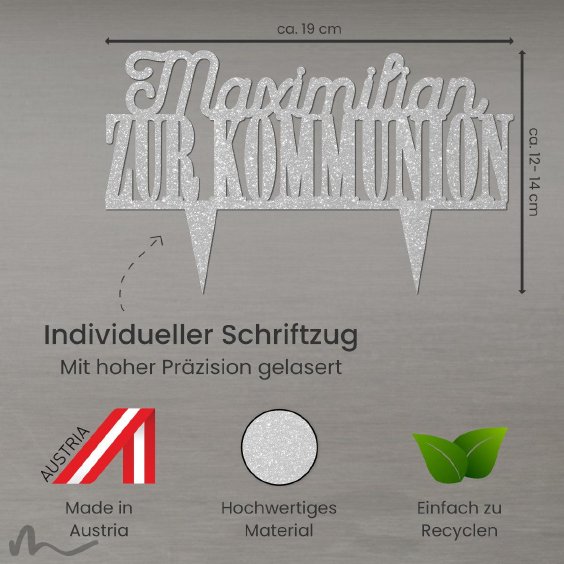 Cake Topper Zur Kommunion personalisiert Silber Glitzer
