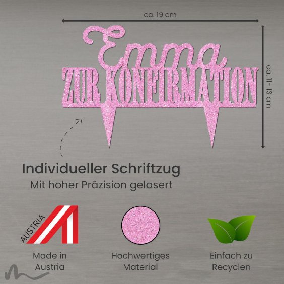 Cake Topper Zur Konfirmation personalisiert Pink Glitzer