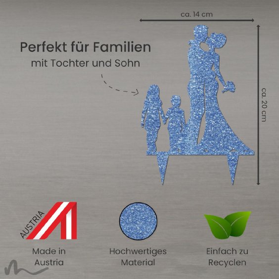 Cake Topper Brautpaar mit Kindern Blau Glitzer