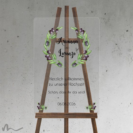 Willkommensschild Hochzeit Olivenzweige