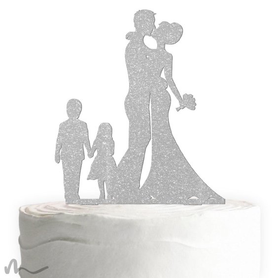 Cake Topper Brautpaar mit Kindern 2 Silber Glitzer