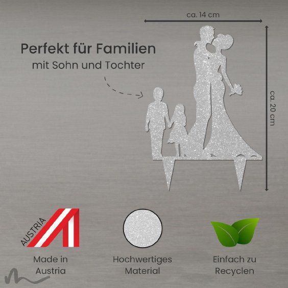 Cake Topper Brautpaar mit Kindern 2 Silber Glitzer