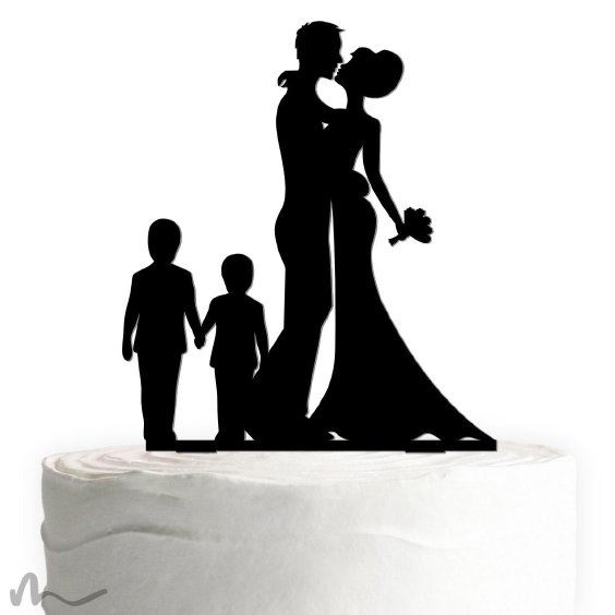 Cake Topper Brautpaar mit Kindern Jungen Schwarz