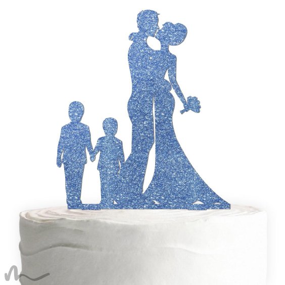 Cake Topper Brautpaar mit Kindern Jungen Blau Glitzer