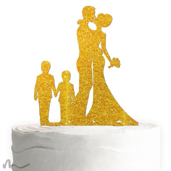 Cake Topper Brautpaar mit Kindern Jungen Gold Glitzer