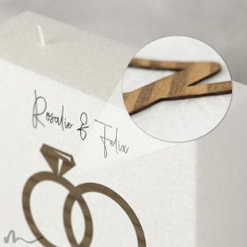 Hochzeitskerze Docht Holzapplikation Ringe Diamant 20 x 20 cm