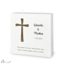 Hochzeitskerze Docht Holzapplikation Kreuz 20 x 20 cm