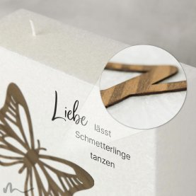 Hochzeitskerze Docht Holzapplikation Schmetterlinge 20 x 20 cm